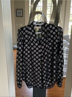 Michael Kors Black Blouse with Silver Polka Dot Print